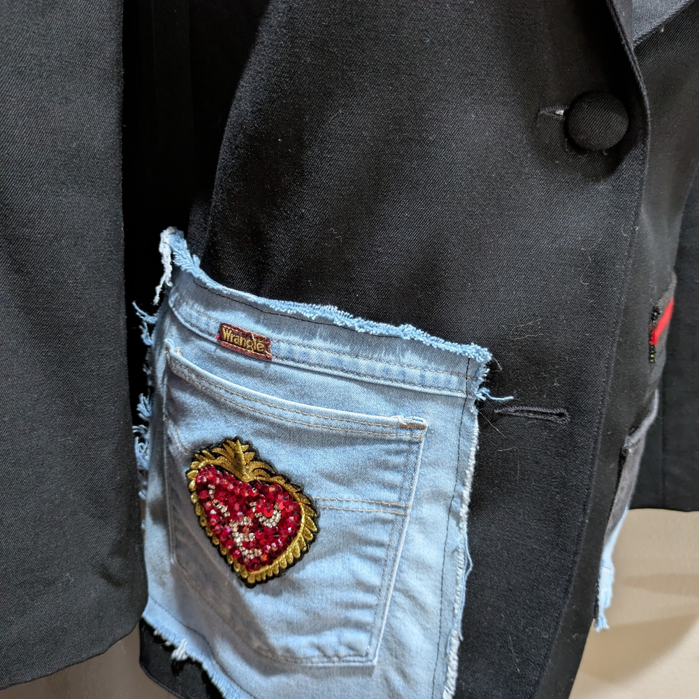 Black and Denim Blue Patchwork Women's Blazer With Heart Patch Design - Picture 2 of 6